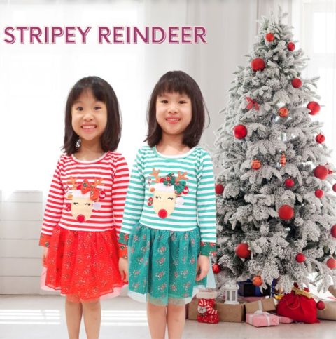 Christmas Dress For girl with stripey reindeer design