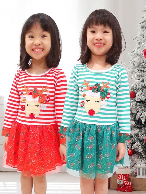 Christmas Dress For girl with stripey reindeer design